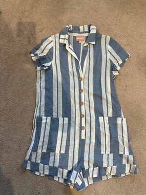 Show Me Your Mumu Blue and White Striped Short Sleeve Romper